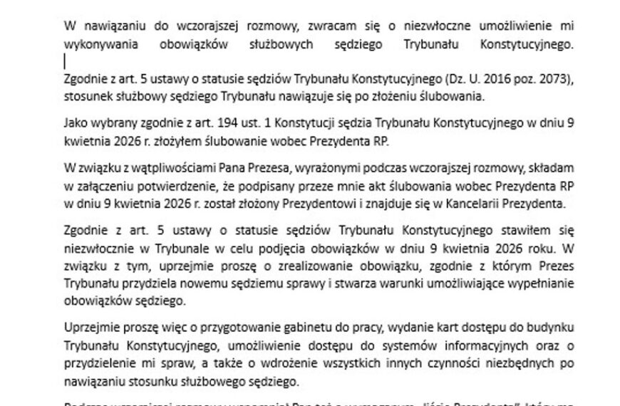 Nowi jurorzy Trybunału Konstytucyjnego w piśmie do Święczkowskiego:&hellip;