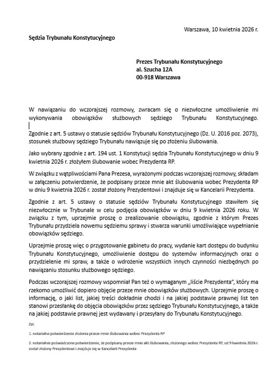 Pismo, jakie sędziowie napisali do prezesa TK