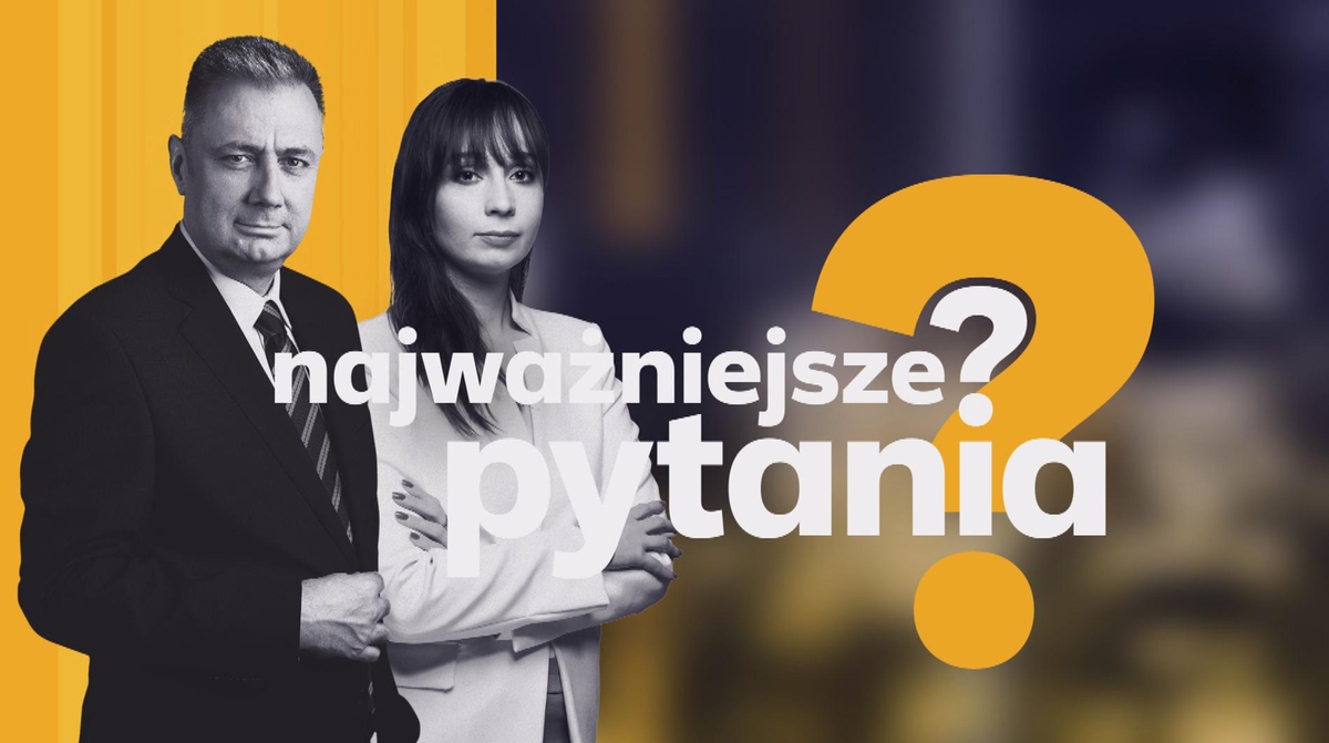 Grafika promująca program publicystyczny "Najważniejsze pytania" z sylwetkami dwóch osób i znakiem zapytania.