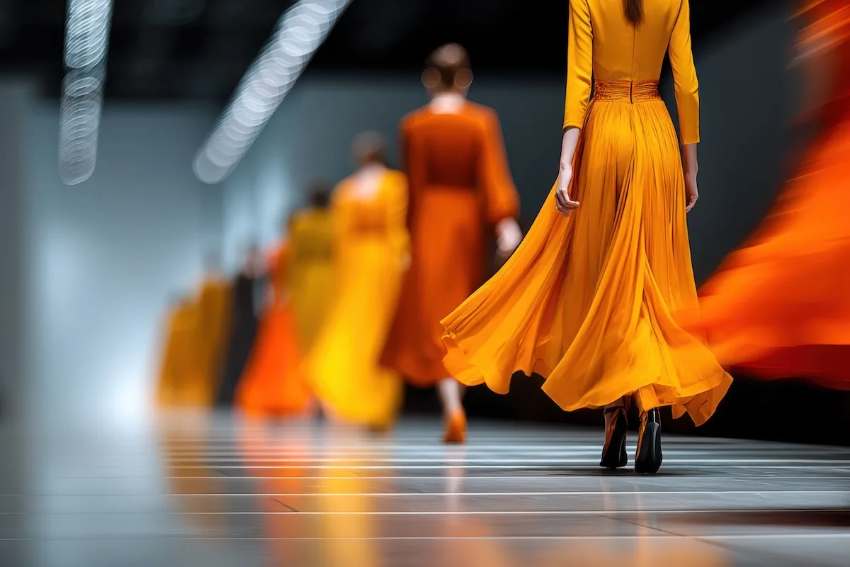 Modelki idące po wybiegu w pomarańczowych sukienkach.