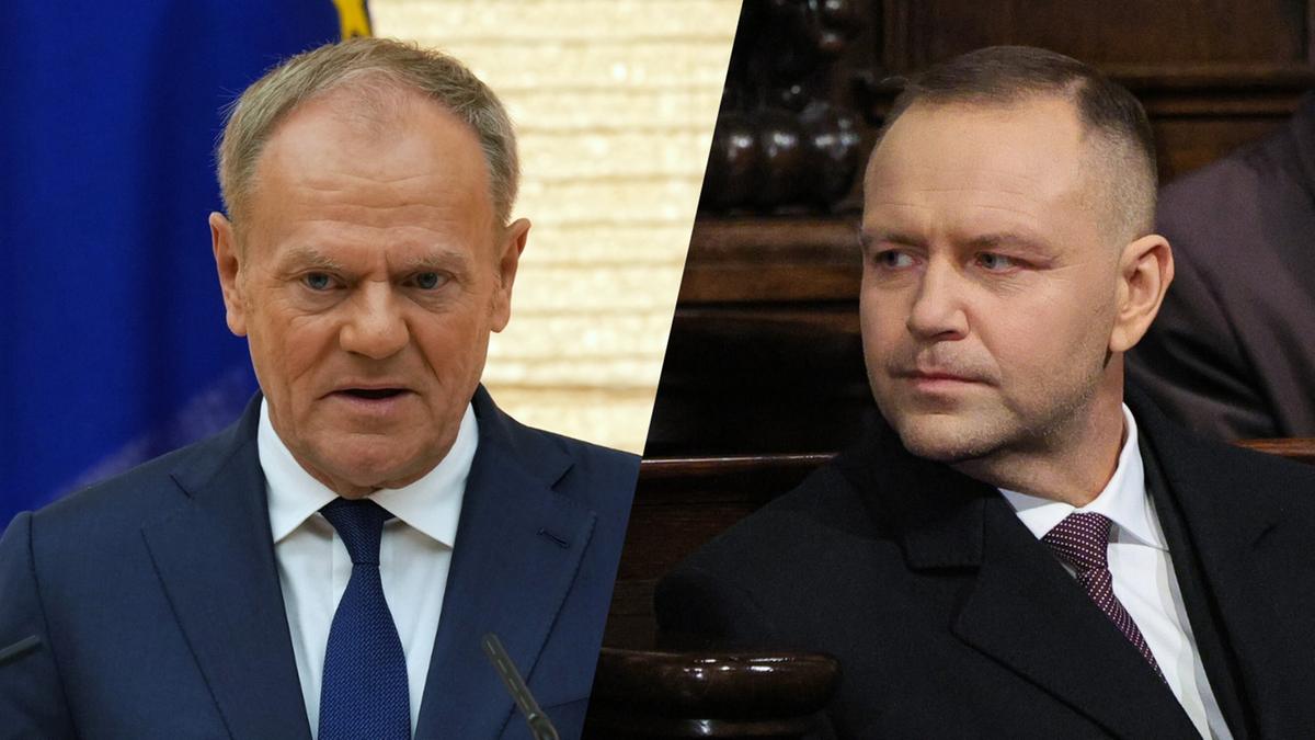 Dwa portrety mężczyzn: po lewej premier Donald Tusk, po prawej Karol Nawrocki.