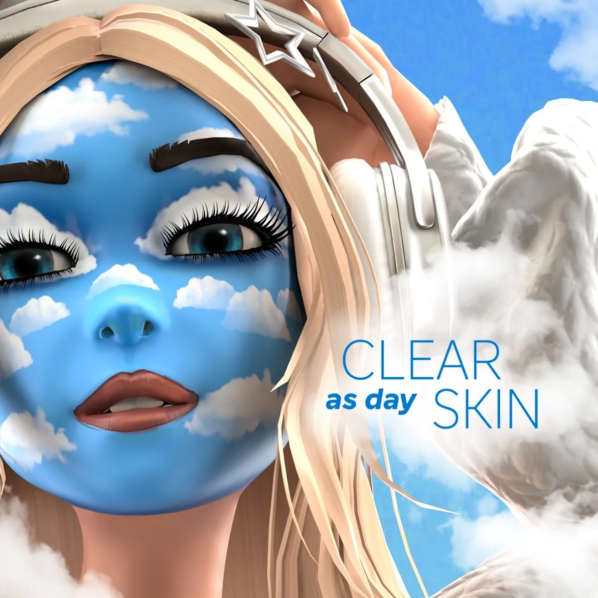 Awatar w Roblox z pomysłowym makijażem buzi inspirowanym motywem nieba i chmur, łączącym elementy beauty z fantazyjną stylizacją. Ten look ukazuje, jak make-up w Roblox wykracza poza realizm i staje się narzędziem ekspresji oraz eksperymentów wizualnych. Slogan „Clear as day skin” odnosi się do wyidealizowanej, cyfrowej skóry awatara.