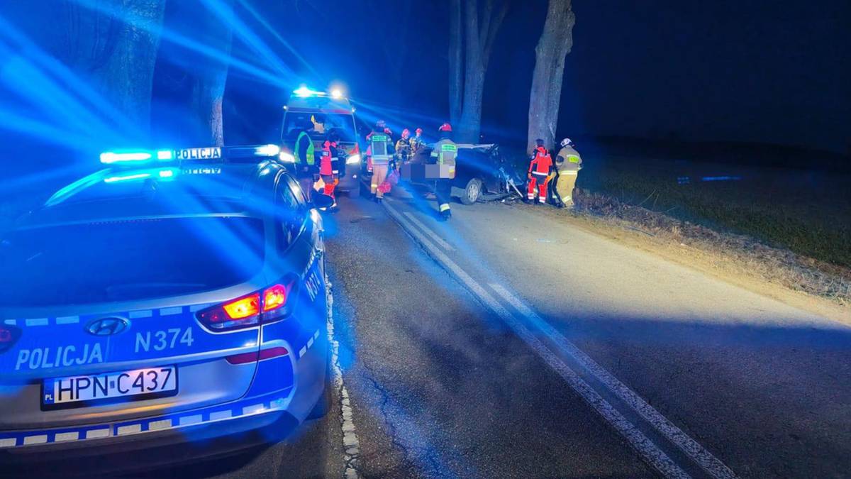Radiowóz policyjny z włączonymi niebieskimi sygnałami świetlnymi stoi na poboczu drogi, obok widoczni są ratownicy medyczni i inne pojazdy służb ratunkowych pracujące na miejscu wypadku.
