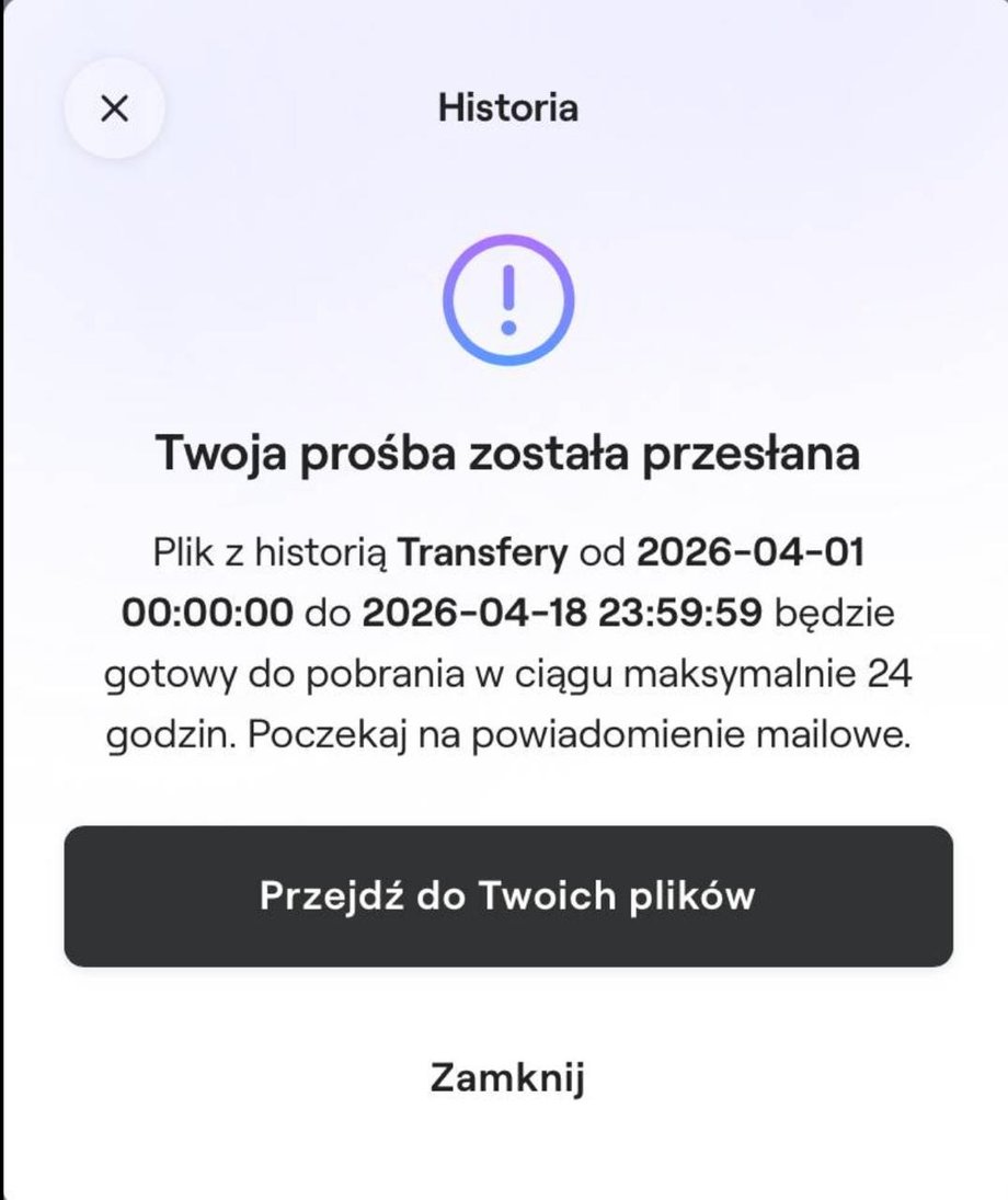Informacja o konieczności oczekiwania na plis z historią transferów
