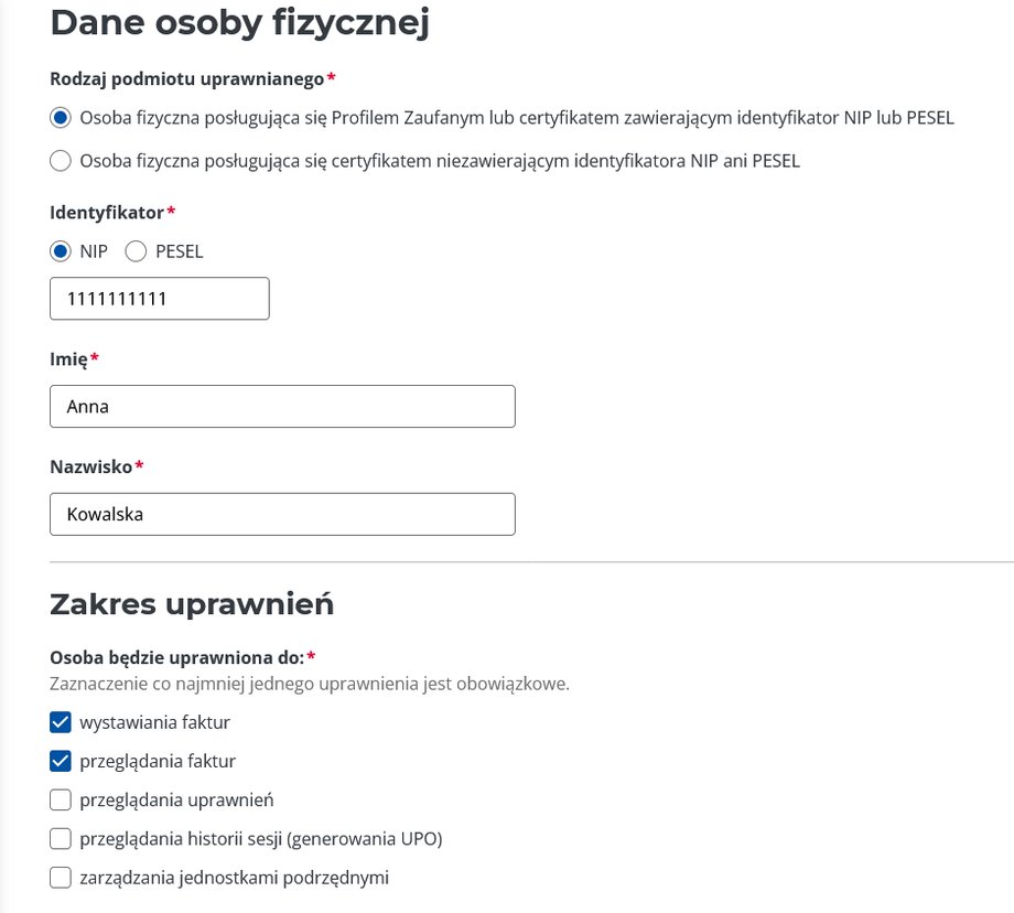 Wybór uprawnień do KSeF