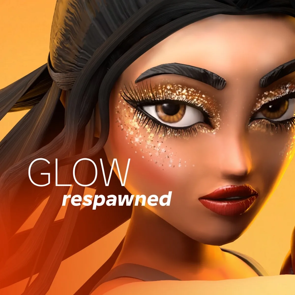 Cyfrowy awatar w stylu Roblox z ekspresyjnym, złotym makijażem powiek i lśniącymi akcentami na buzi, uwydatniającymi efekt „glow”. Grafika nawiązuje do nowych możliwości personalizacji makijażu, które pozwalają na kreowanie śmiałych i wystylizowanych looków w wirtualnym świecie. Slogan „Glow respawned” podkreśla powrót estetyki beauty w formie cyfrowej.
