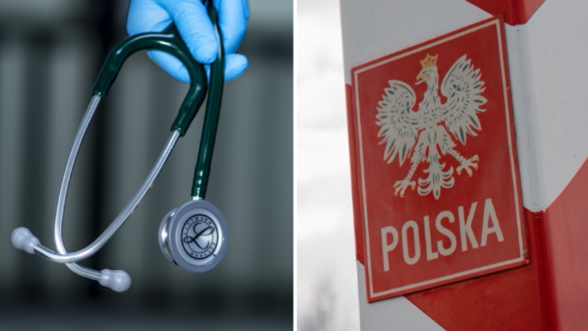 Dłoń w niebieskiej rękawiczce trzyma stetoskop. Obok znajduje się tabliczka z godłem Polski i napisem "POLSKA".