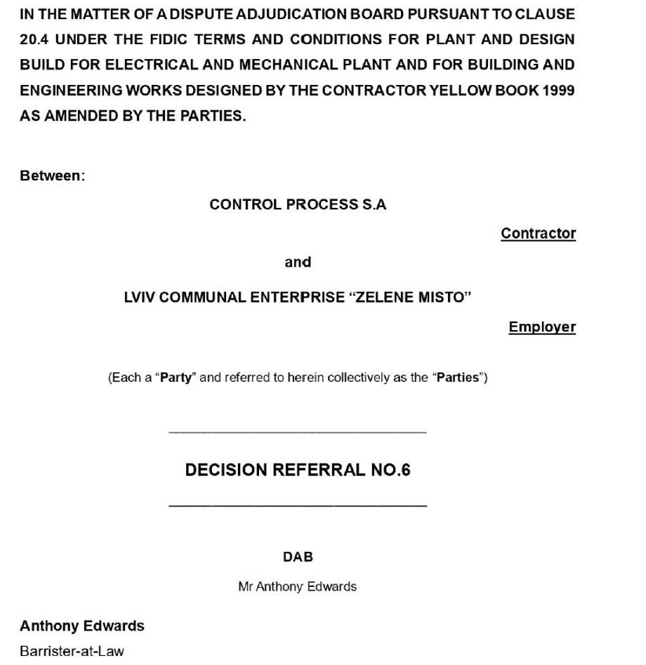 Strona 1 decyzji arbitra w sprawie Control Process kontra Lwów z 5 kwietnia 26