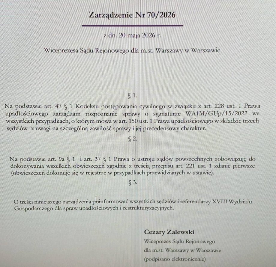 Zarządzenie sędziego Cezarego Zalewskiego, wiceprezesa SR w Warszawie