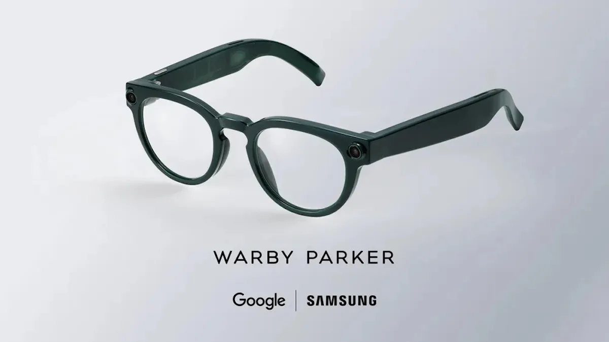 Na zdjęciu widać inteligentne okulary opracowane przez Google i Samsunga razem z Warby Parker. Model utrzymano w bardziej klasycznym stylu niż futurystyczne projekty Gentle Monster.