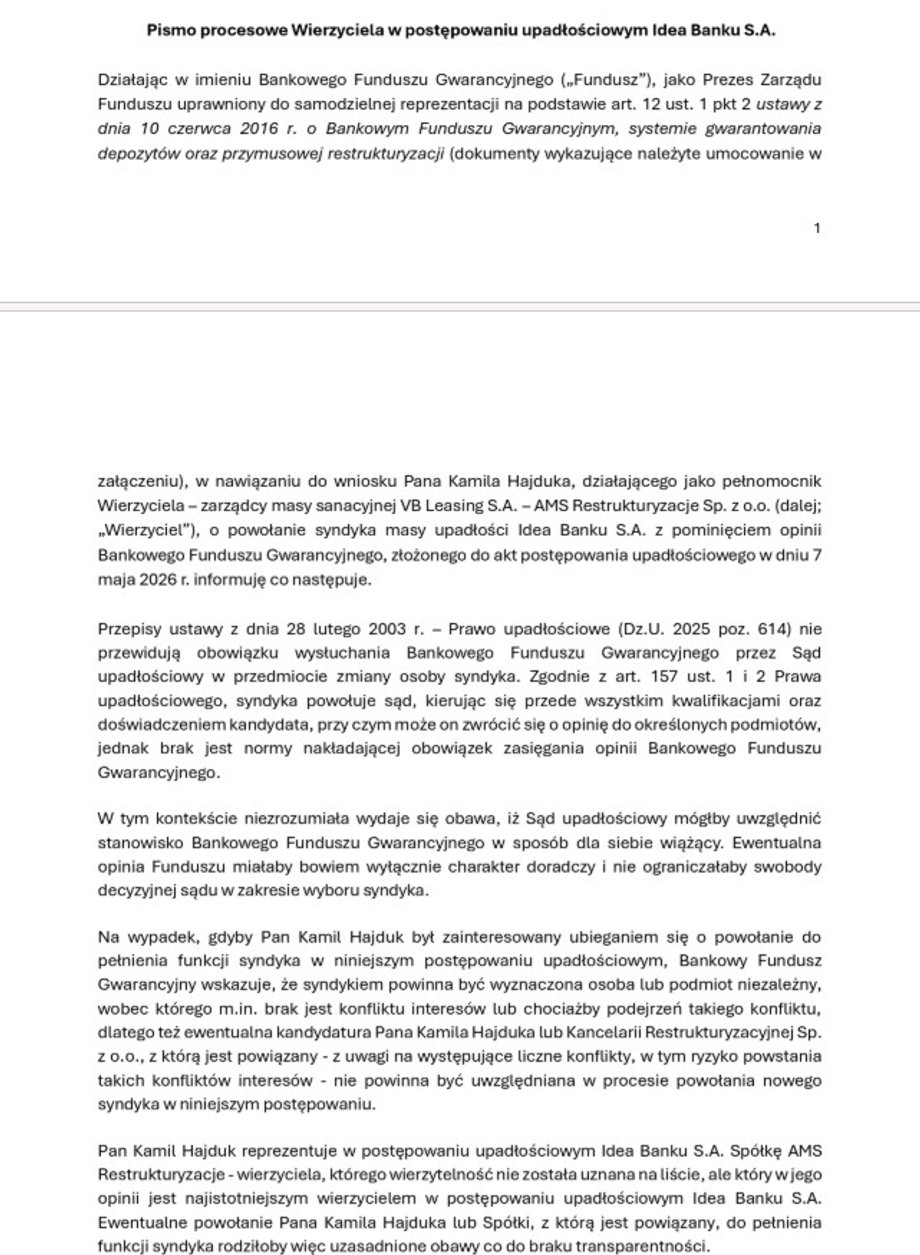 BFG nie chce Kamila Hajduka na syndyka Idea Banku