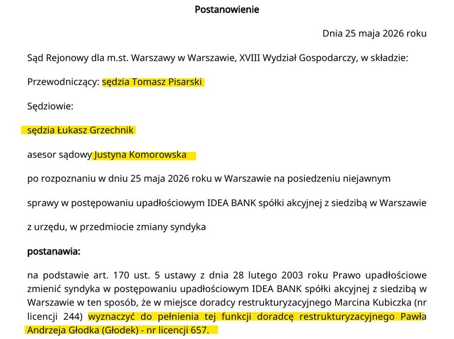 Postanowienie w sprawie zmiany syndyka Idea Banku