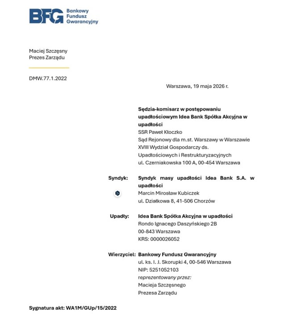 Pismo prezesa BFG do sądu w sprawie Kamila Hajduka