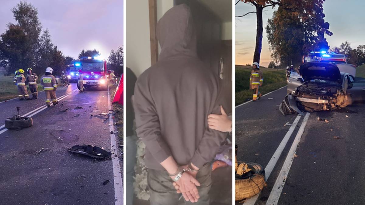 Trzy zdjęcia przedstawiające wypadek drogowy, zatrzymanie mężczyzny w kajdankach oraz pojazd po wypadku.