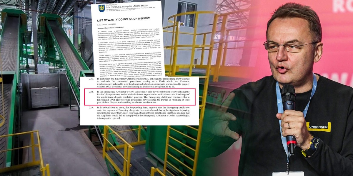 Mer Lwowa Andrij Sadowy (po prawej) na tle zdjęcia gotowego w 95 proc. zakładu, wykonanego przez krakowską firmę Control Process