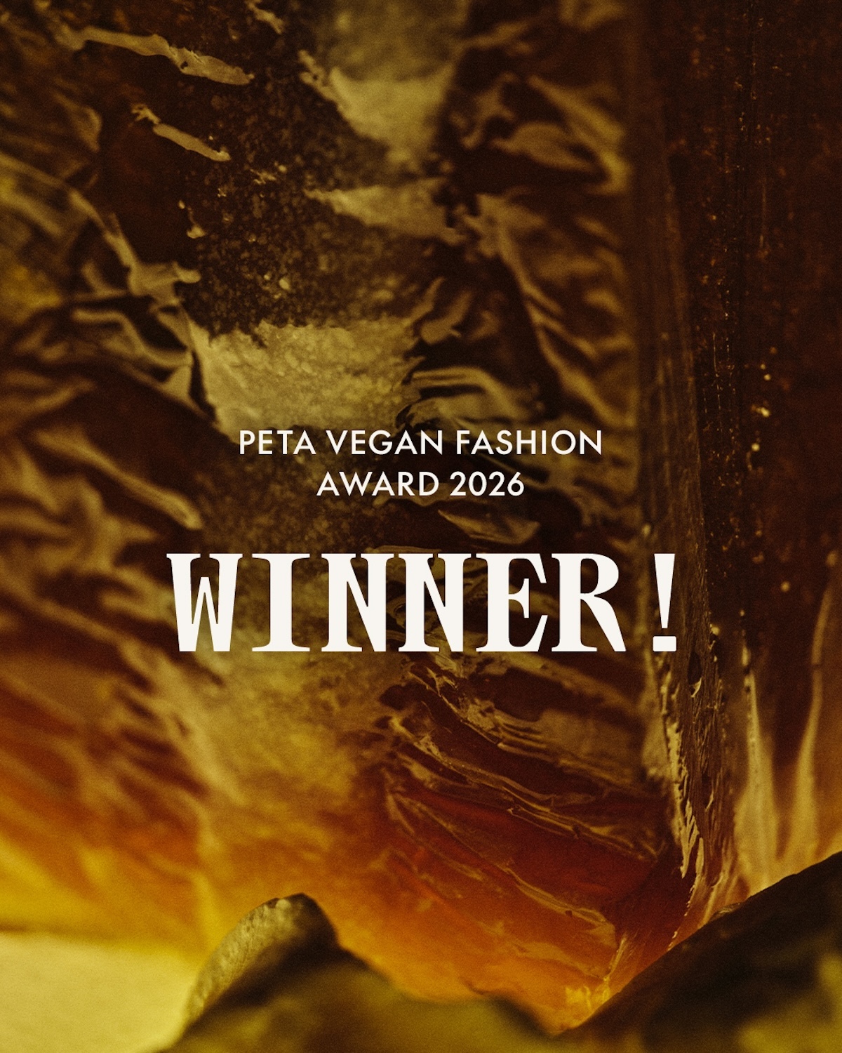 Grafika informująca o zdobyciu przez NUTICO® nagrody PETA Vegan Fashion Award 2026. Wyróżnienie podkreśla rosnące znaczenie polskiej „czekoladowej skóry” jako wegańskiej alternatywy dla skóry naturalnej.
