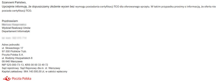 Treść email z Poczty Polskiej potwierdzająca możliwość złożenia oferty bez certyfikatu TCO