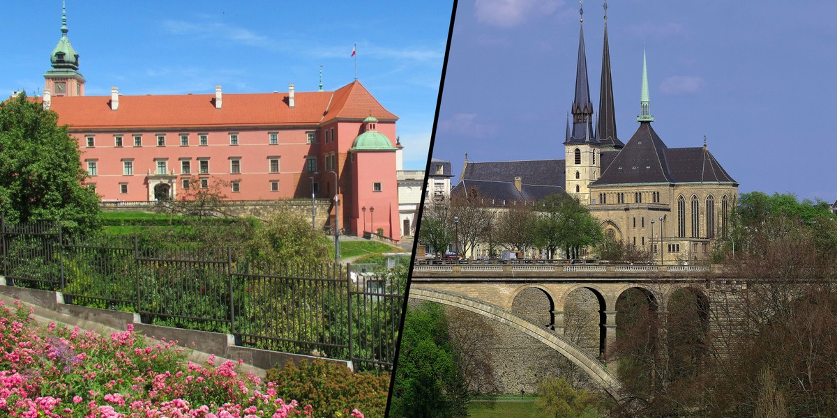 Od lewej: ogrody Kościoła Akademickiego św. Anny z widokiem na Zamek Królewski i panorama stolicy Luksemburga